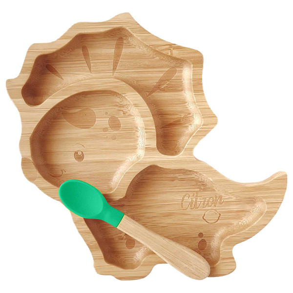 Citron Bamboo Suction Plate & Spoon-Dino