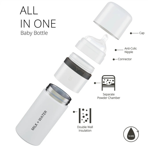 Milk+Water Insulated  Bottle Medium Flow (3M+) 9oz Arctic White