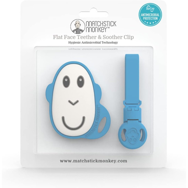 Matchstick Monkey Flat Face Teether & Clip- Blue and Pink